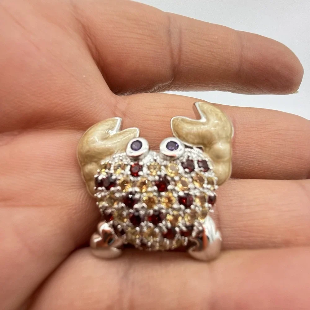 Vtg Ross Simmons Sterling Silver Crab Brooch Garnet Citrine Amethyst